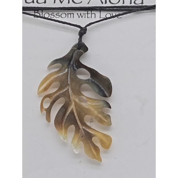 Carved Oyster Shell Hawaiian Monstera Pendant Delicate 17" Cord Necklace - Picture 2 of 11